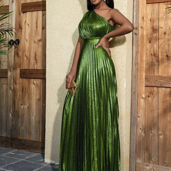 Green Boho Womens One Shoulder Pleated Hem Dress - Picture 5 of 5